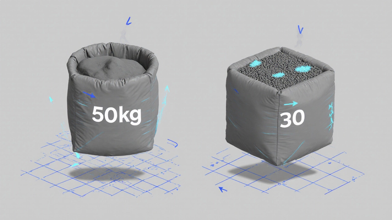 Два мешка цемента по 50 кг: один объемный с воздушными прослойками, другой утрамбованный в меньший объем.