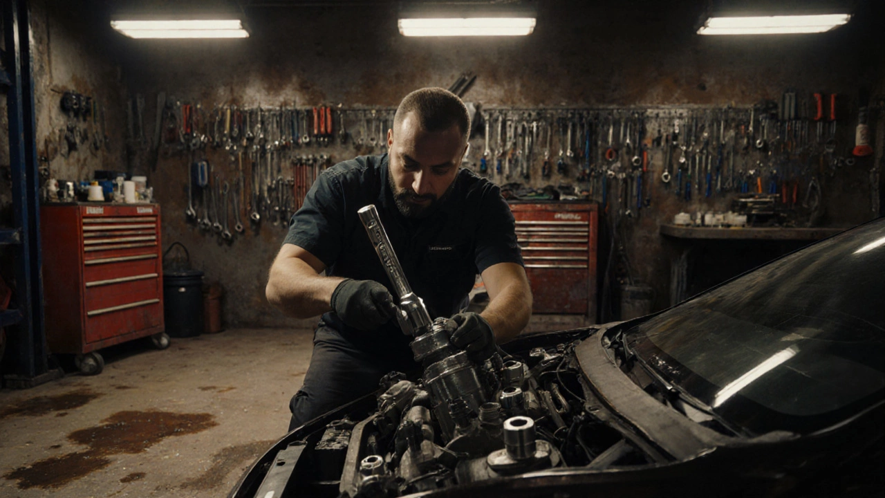Механик использует набор головок и ключей для затяжки болтов на двигателе автомобиля.