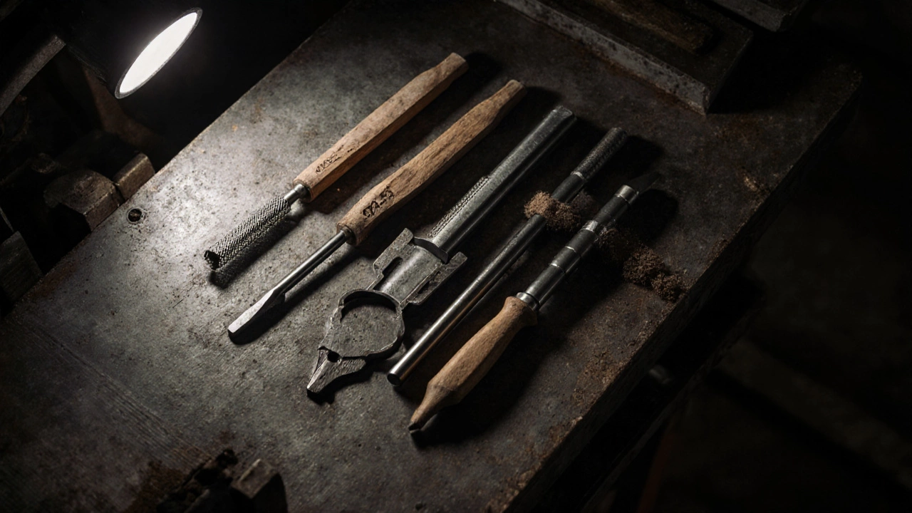 Набор слесарных инструментов: микрометр, напильник, зубило и метчик на рабочем столе.