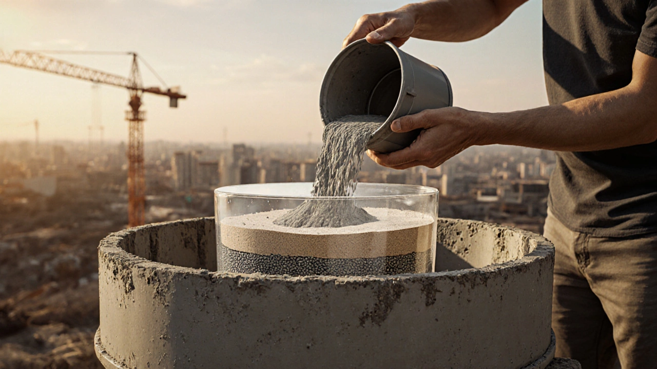 Рука высыпает цемент в бетономешалку, внутри видны слои материалов и капли воды.