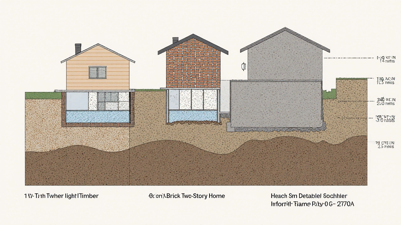 Сравнительный разрез фундаментных плит разной толщины для разных типов домов на разных типах грунта.