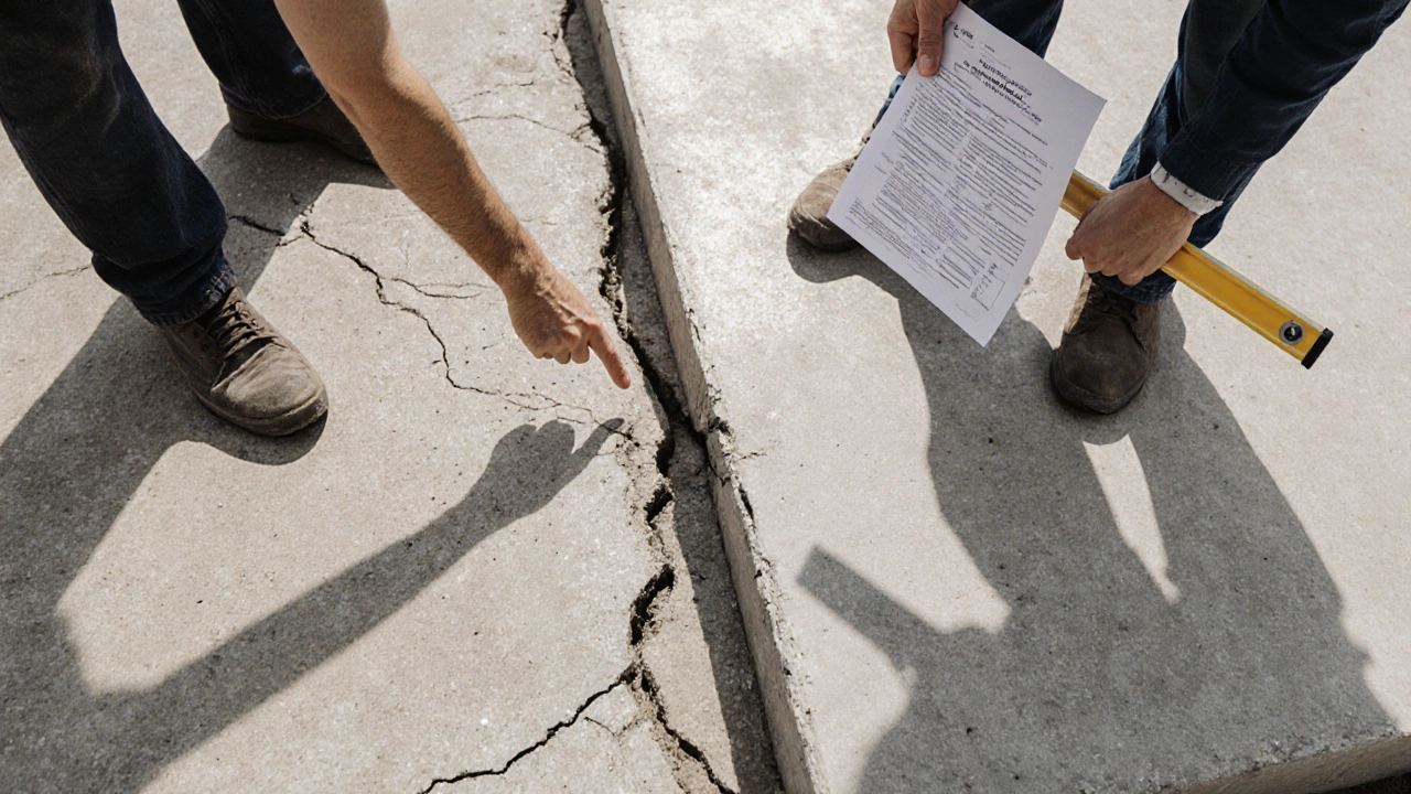 Трещина в тонкой плите фундамента рядом с прочной плитой, иллюстрирующая последствия неправильного расчета.