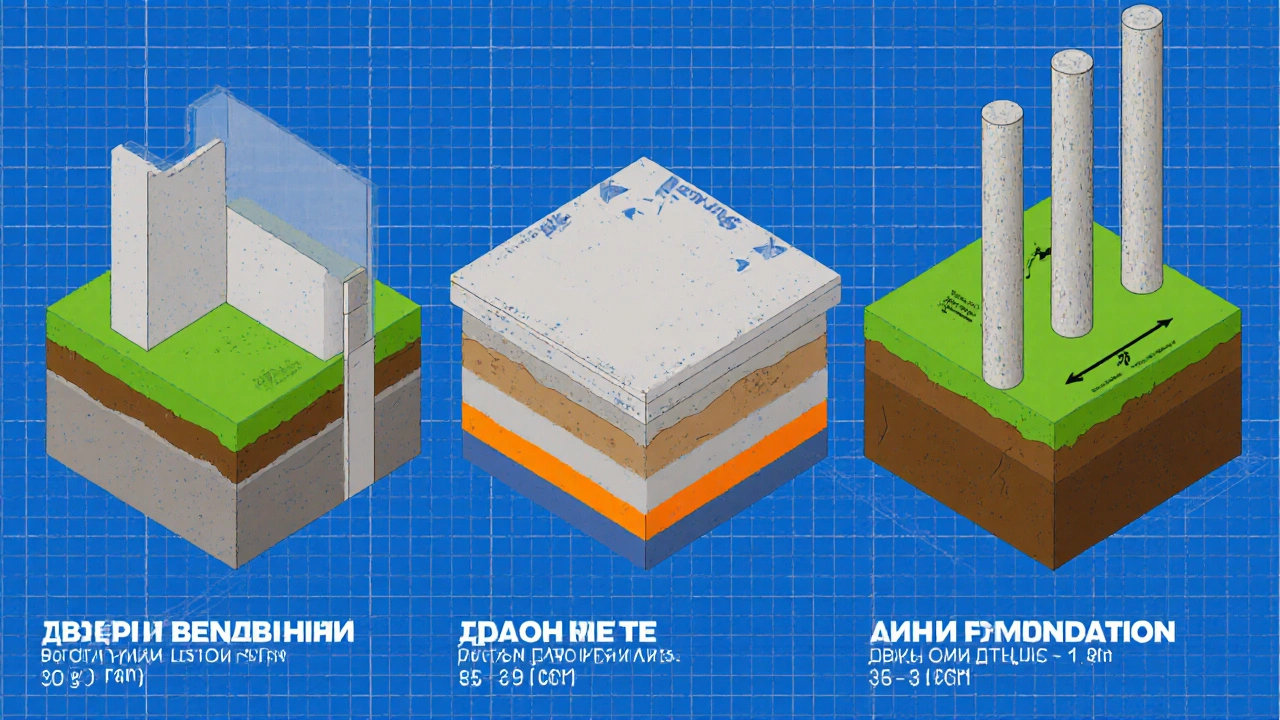 Три типа фундаментов в разрезе: ленточный, плитный и свайный, с разными глубинами.