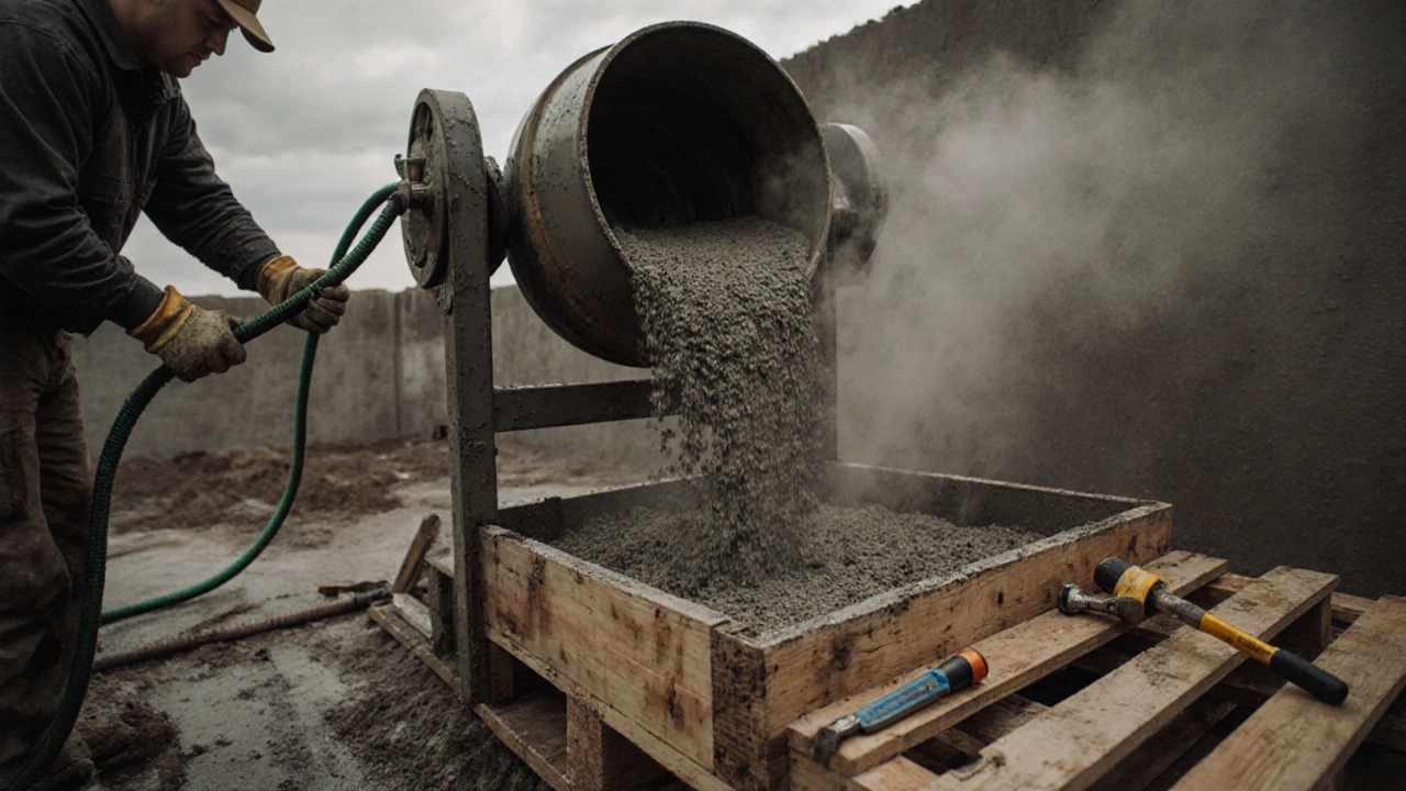 Бетономешалка заливает раствор в опалубку фундамента с видимыми заполнителями.