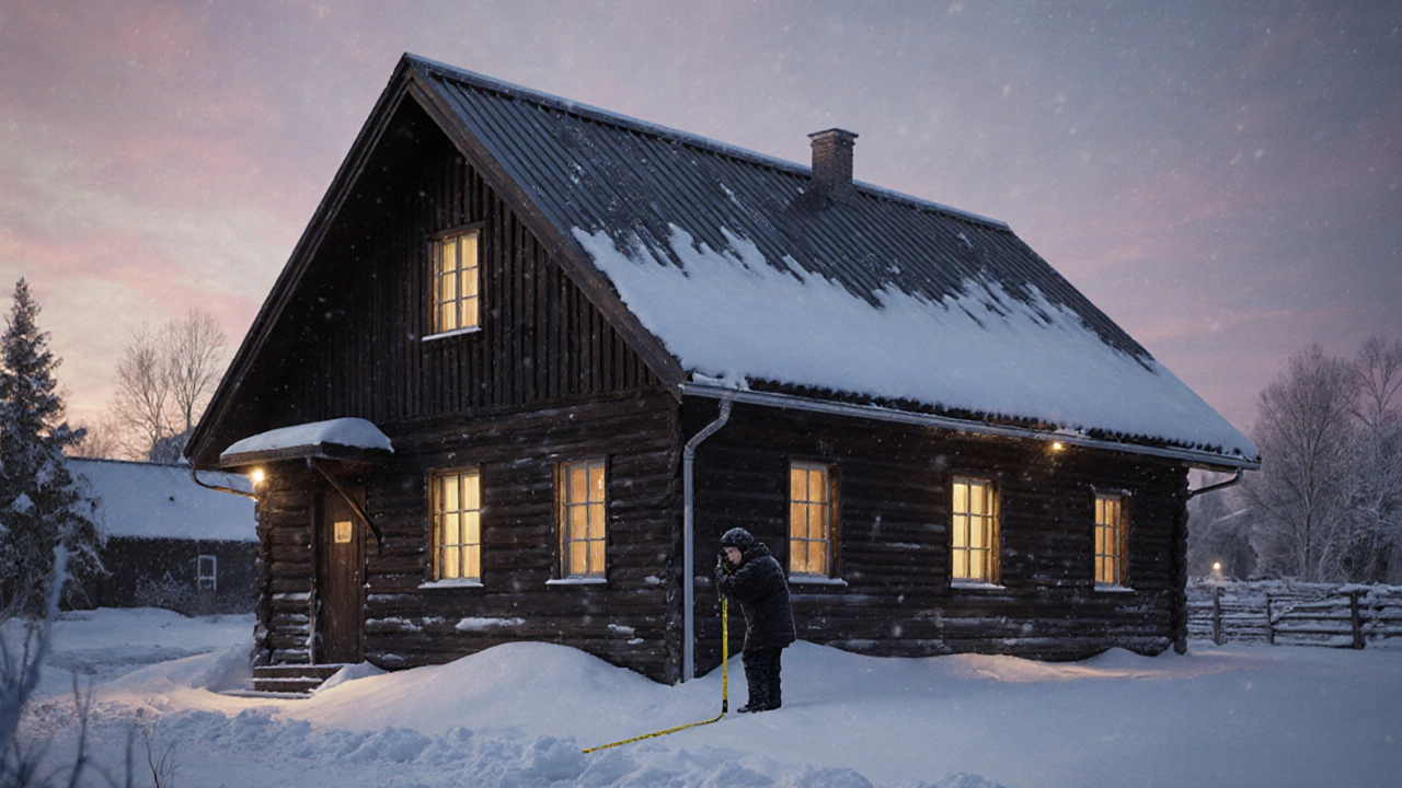 Дом в русской деревне с крутой крышей, снег соскальзывает, видны карнизы и водостоки при закате.