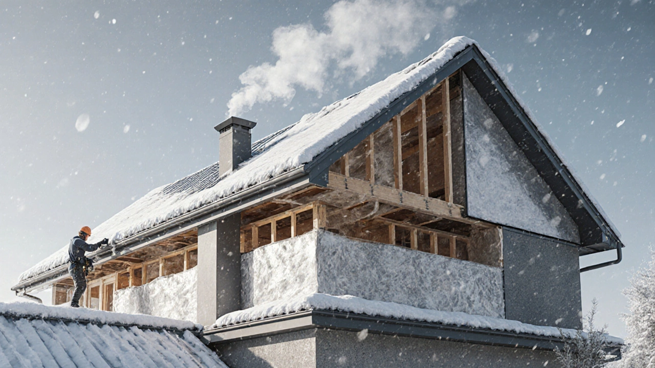 Крыша дома в Казани зимой с видимыми слоями утепления и водосточной системы.