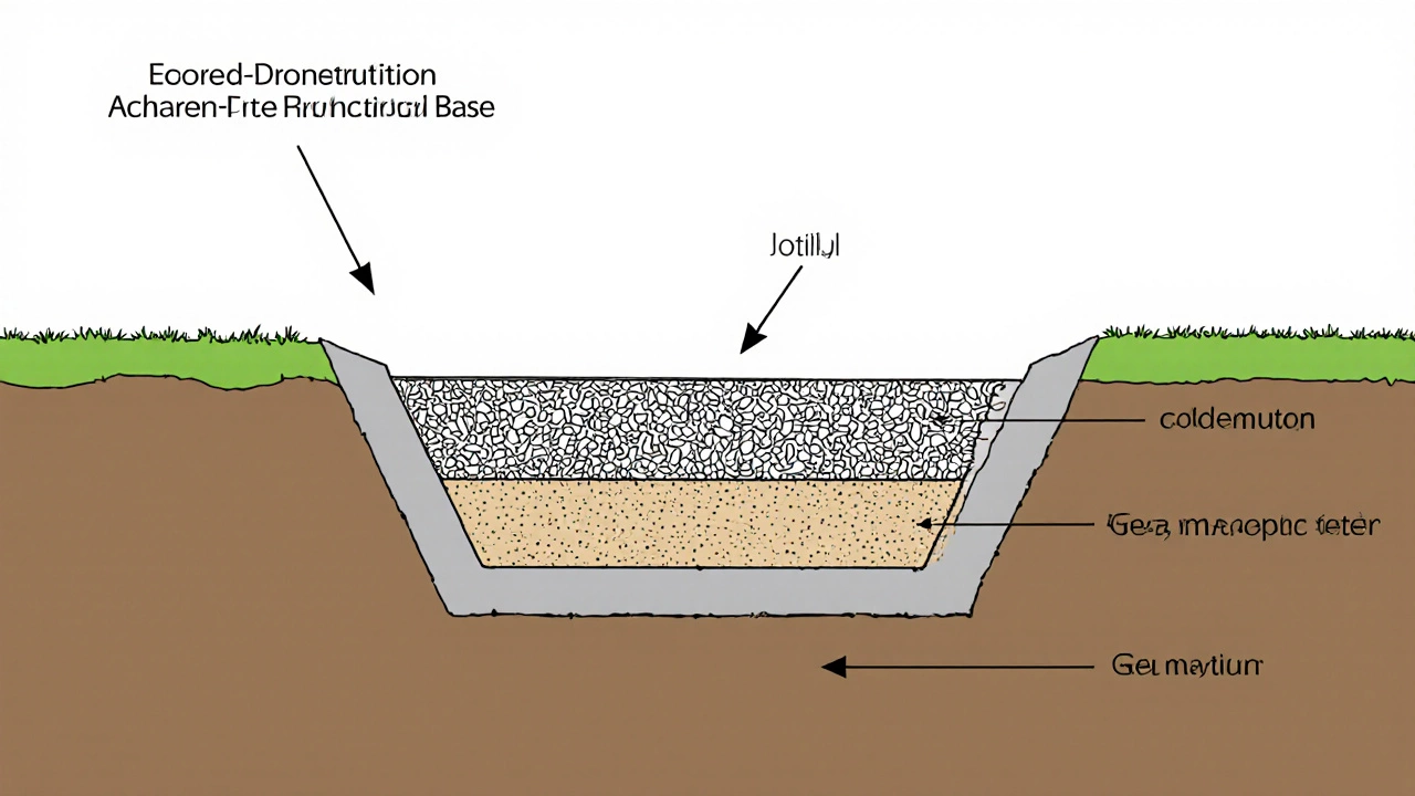 Правильная многослойная подушка под фундамент: щебень, песок, геотекстиль.
