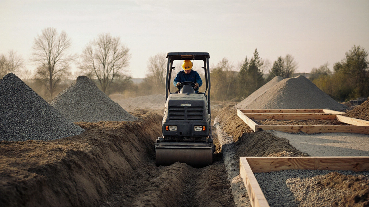 Рабочий уплотняет грунт виброплитой перед заливкой фундамента.