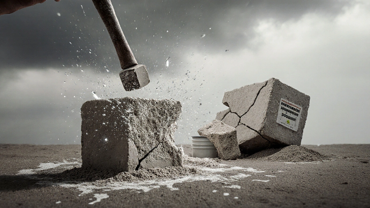Разбитый кубик бетона рядом с целым — последствия нарушения пропорций и правильного замеса.