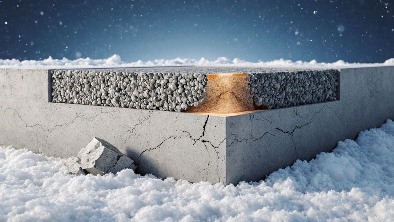 Разрез бетонной плиты с правильной структурой щебня и песка, показывающей прочность марки М300.