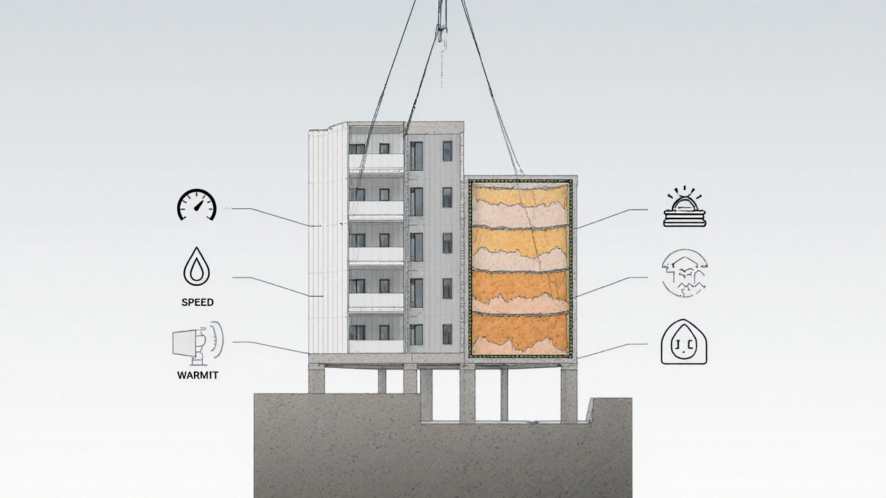 Разрез сборно-монолитного дома: заводские панели и заливаемые на месте колонны с теплоизоляцией.
