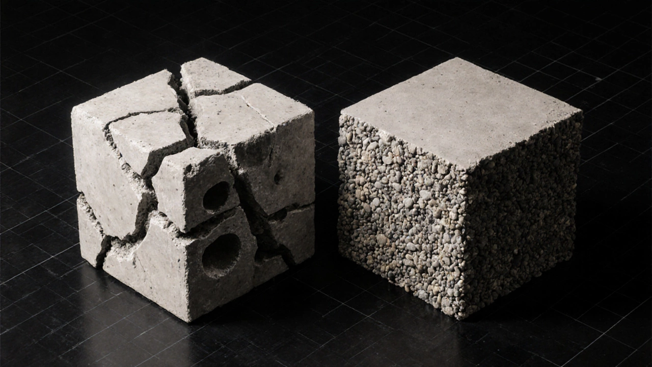 Разрезанный куб бетона: слева — пористая структура, справа — плотный правильный состав.