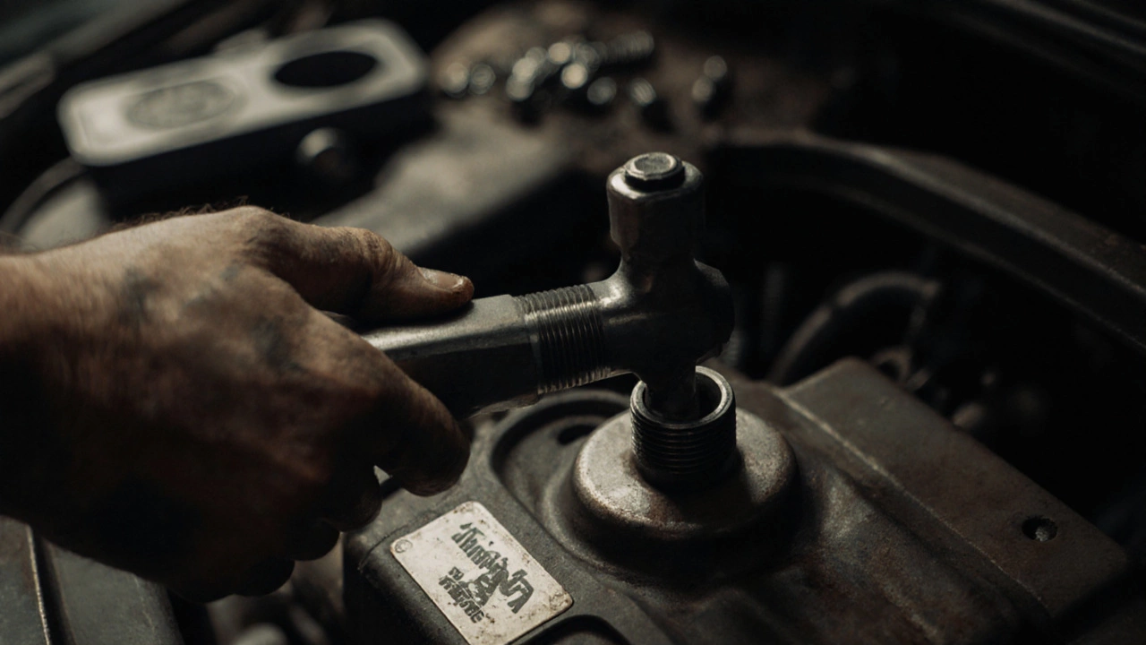 Рука с torque-ключом затягивает болт на двигателе, на фоне — магнит с винтами и масляные перчатки.