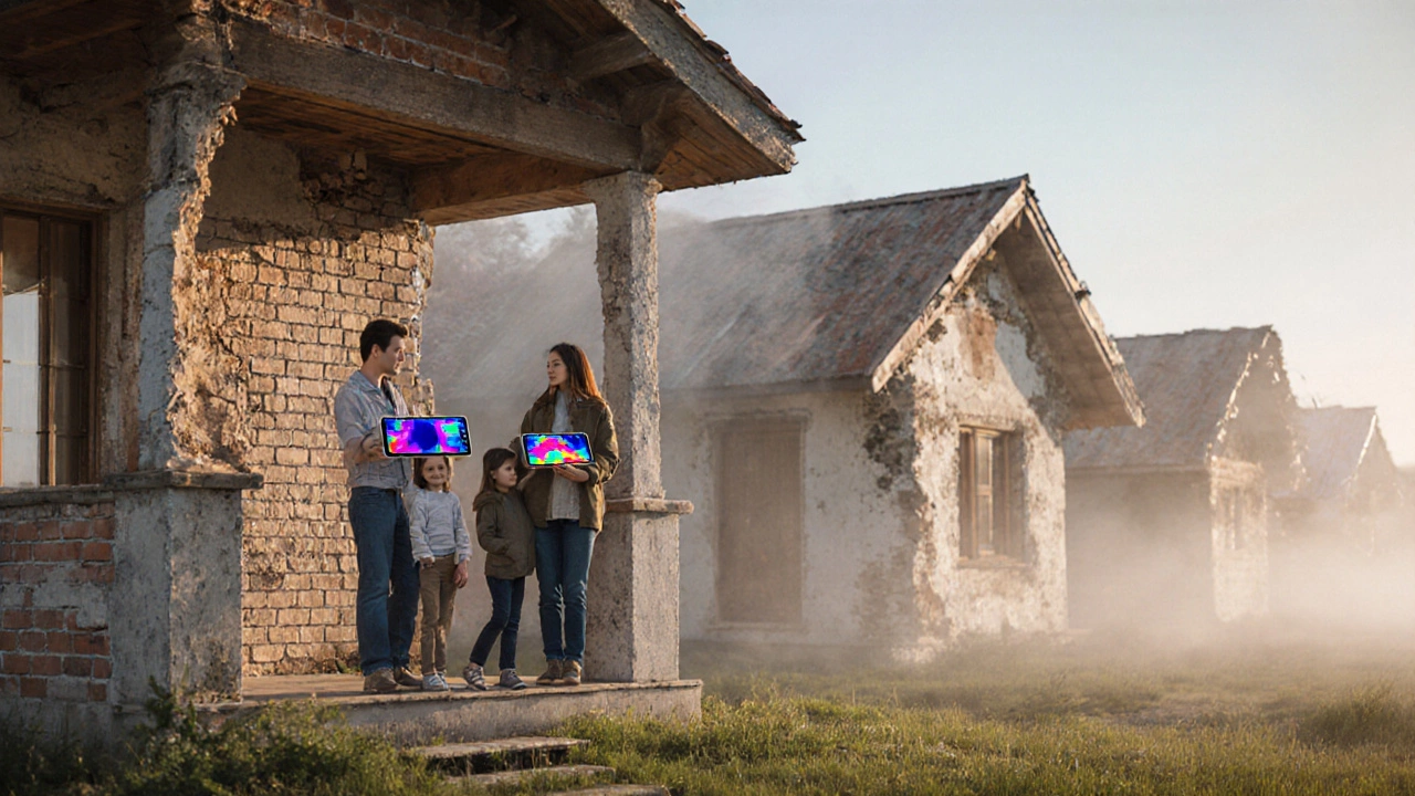 Семья на террасе дома из газобетона с термокамерами, показывающими равномерное тепло, позади — размытые контуры неудачных альтернатив.