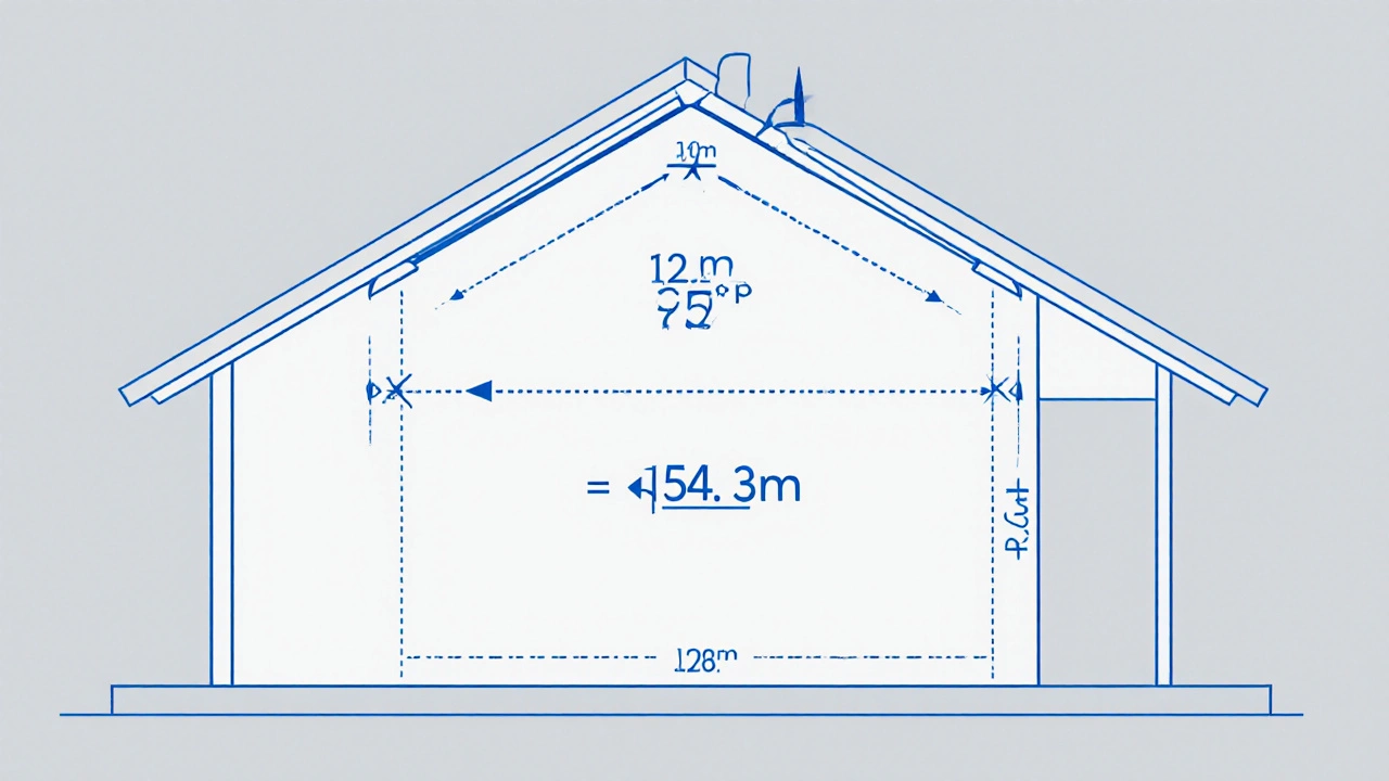 Схема расчета двускатной крыши с размерами, углом наклона и формулой длины стропил.