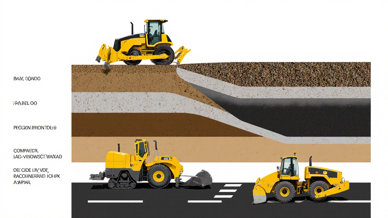 Схема слоев дорожного покрытия с машинами на каждом этапе строительства.