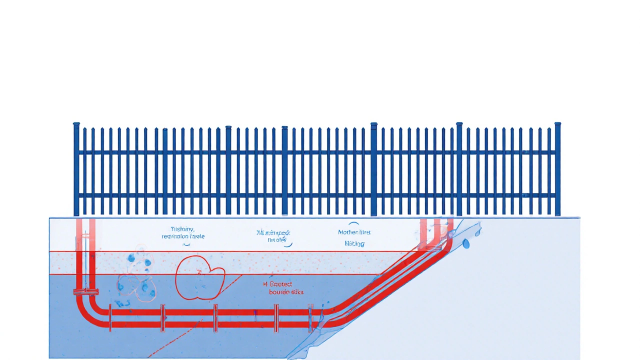 Схематичное изображение забора с скрытыми рисками под землей и правильной установкой сверху.