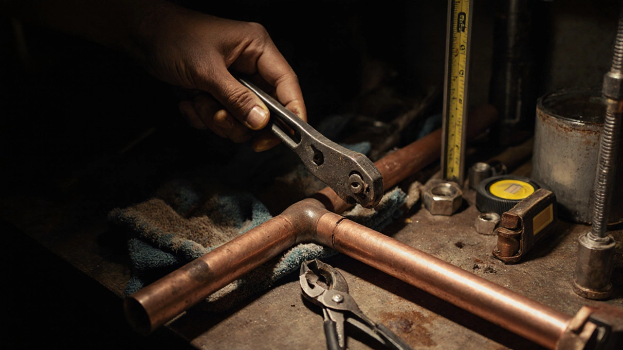Слесарь режет медную трубу труборезом в подвале, рядом лежат рулетка и уровень на столе.