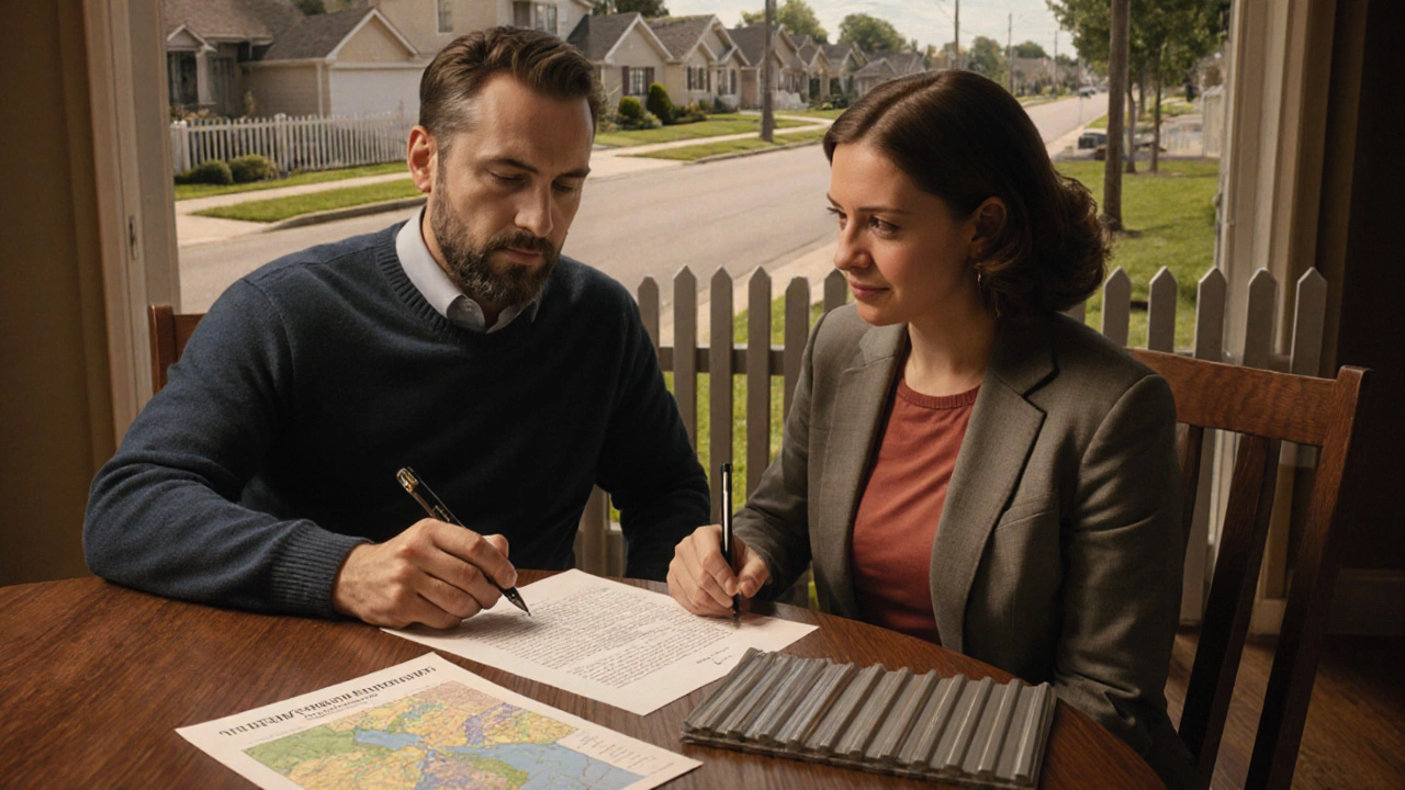 Соседи подписывают согласие на установку сплошного забора за столом с документами.