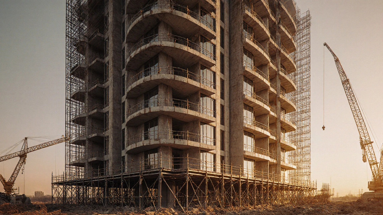 Современный монолитный дом с изогнутыми балконами на закате, бетон ещё влажный, вокруг — леса и техника.