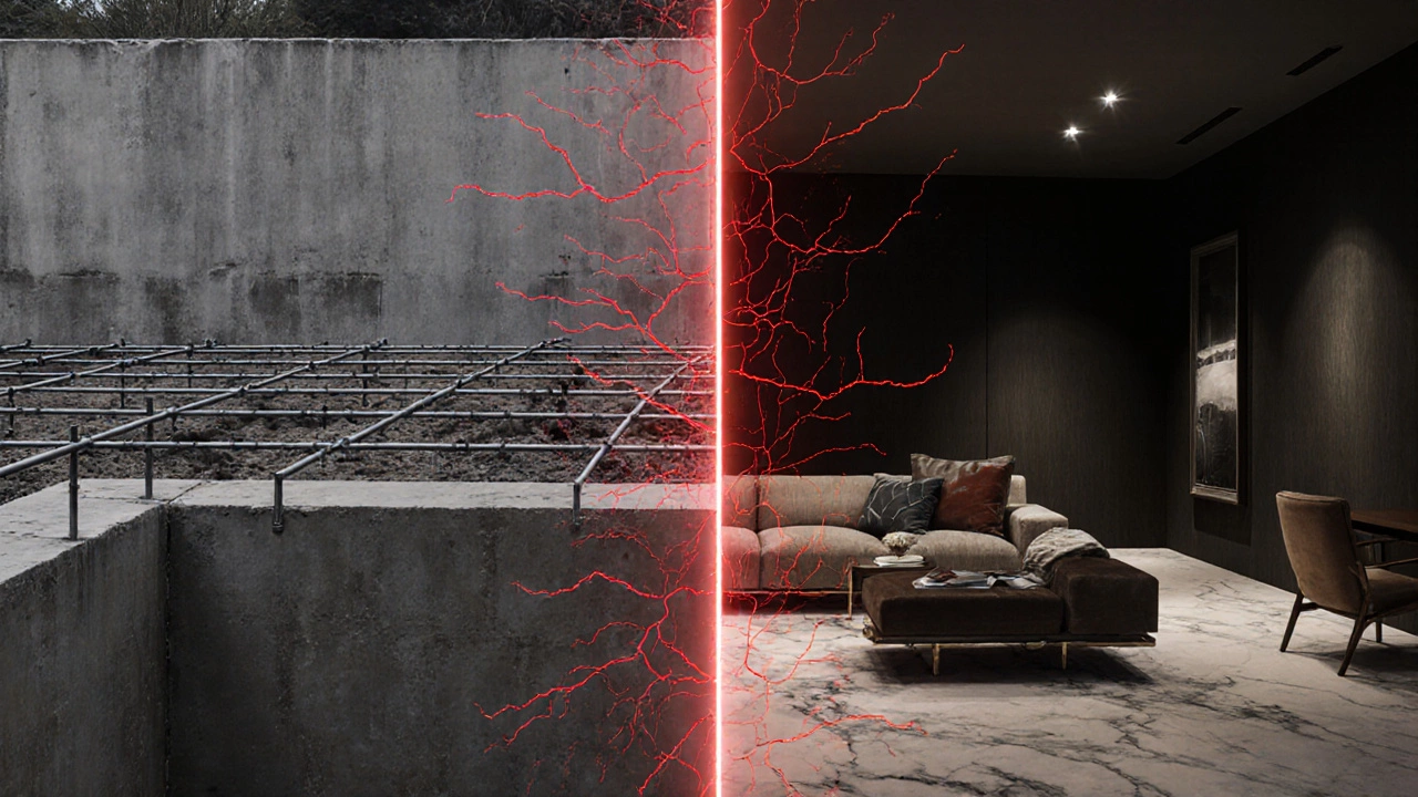 Сравнение фундамента и отделки с визуализацией скрытых инженерных систем как сердца дома.