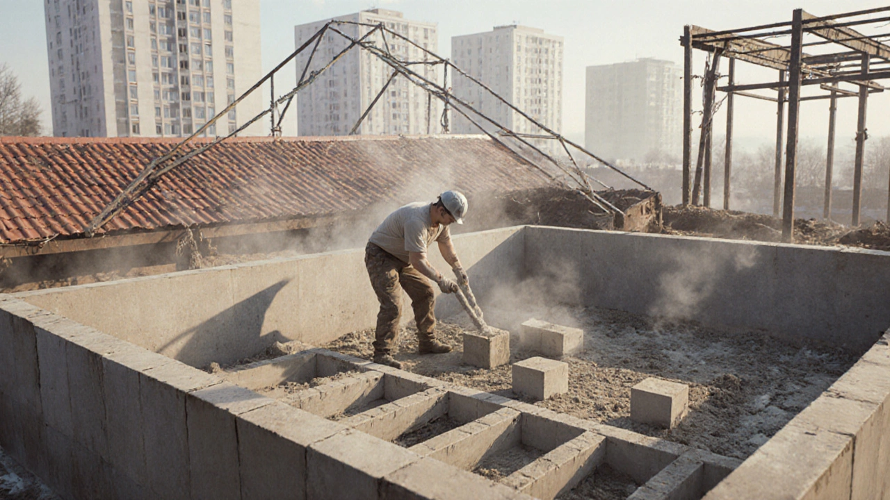 Стена из газобетонных блоков в процессе кладки, виден фундамент и кровельные конструкции.