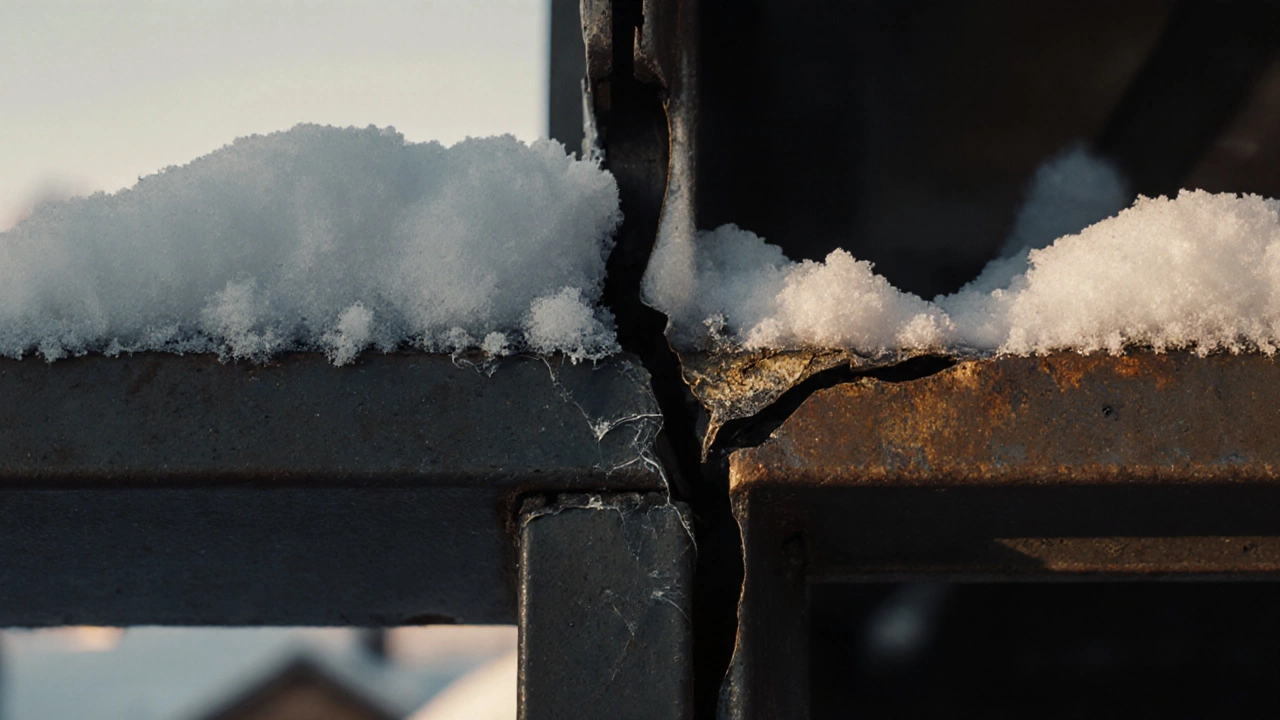 Трещина в металлической раме под снегом рядом с идеальным сварным швом, холодный свет утра