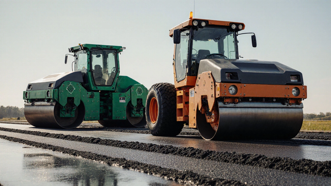 Виброкатка и пневмокатка уплотняют свежий асфальт на дороге.