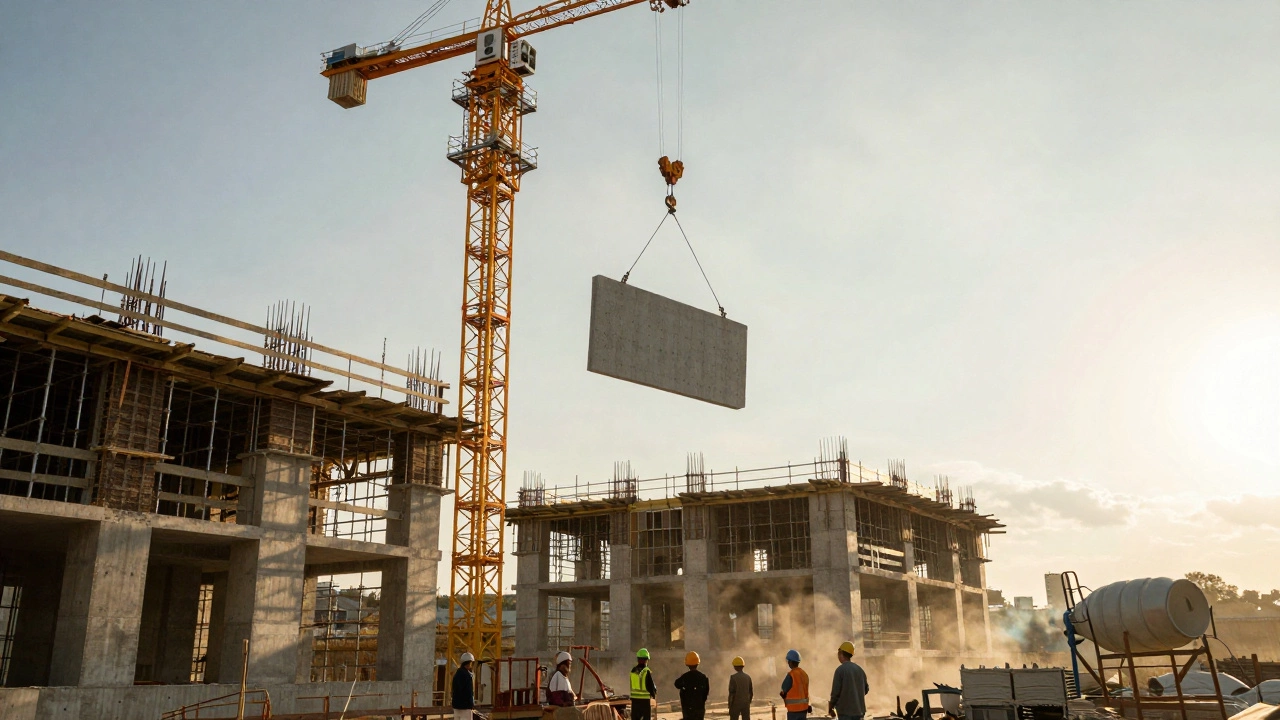 Башенный кран поднимает бетонную панель на стройке высотки.