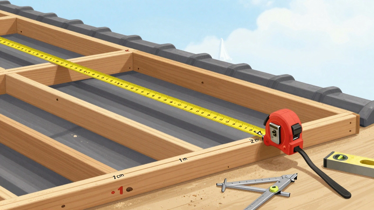 Деревянная стропильная система с измерением уклона 21 см на метр, рулетка и уровень на столе.