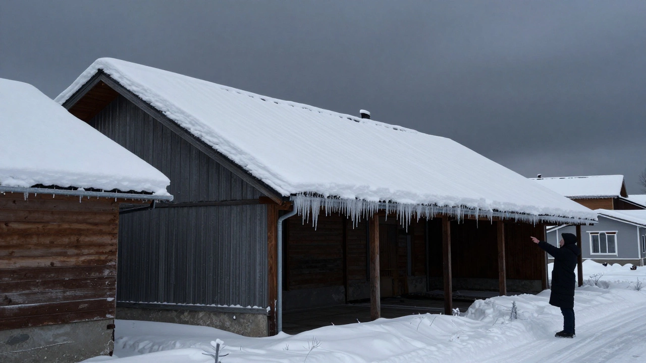 Длинный навес в Казани с опасным скоплением снега на низком уклоне, рядом — правильно скатный навес.
