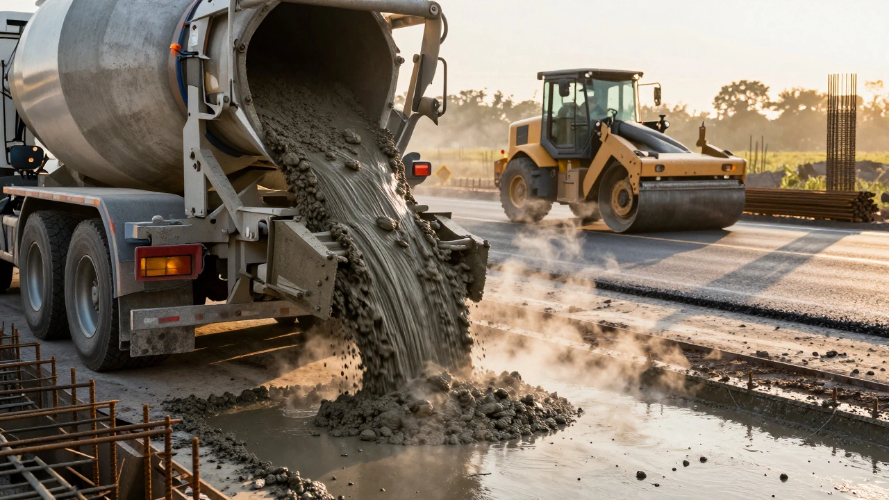Грузовик-смеситель заливает бетон в фундамент на рассвете, за ним — каток уплотняет асфальт.