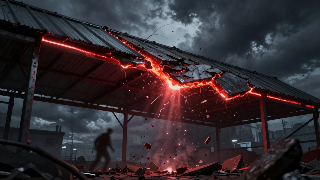 Обрушение крыши склада из-за разрушения сварных швов под нагрузкой.