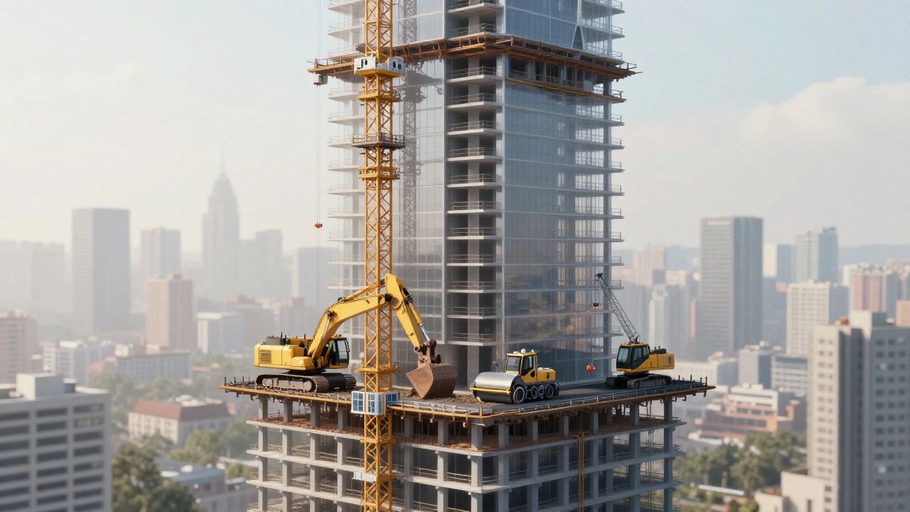 Прозрачные схемы строительной техники поднимают небоскреб, символизируя их роль в создании городов.