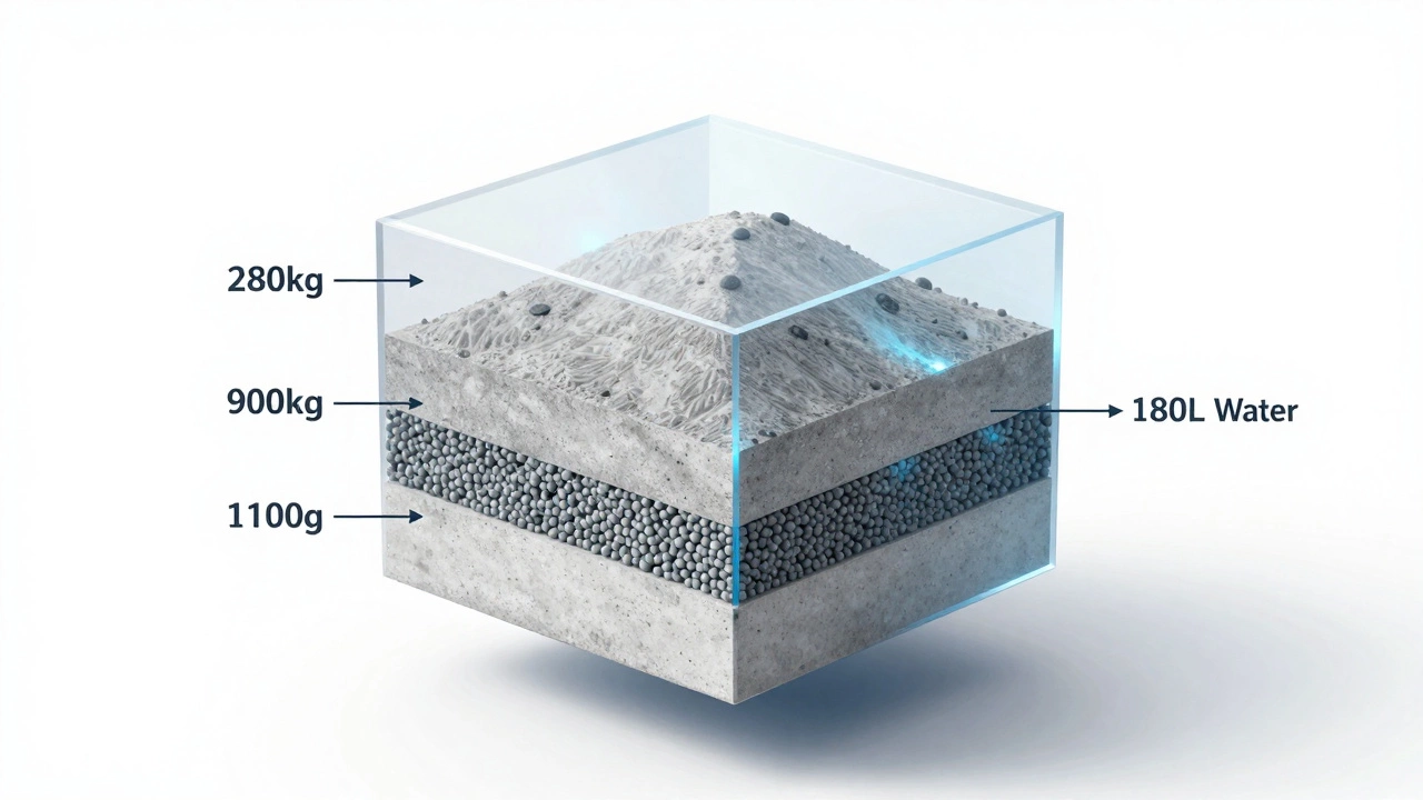 Прозрачный куб бетона с внутренними пропорциями: цемент, песок, щебень и вода.