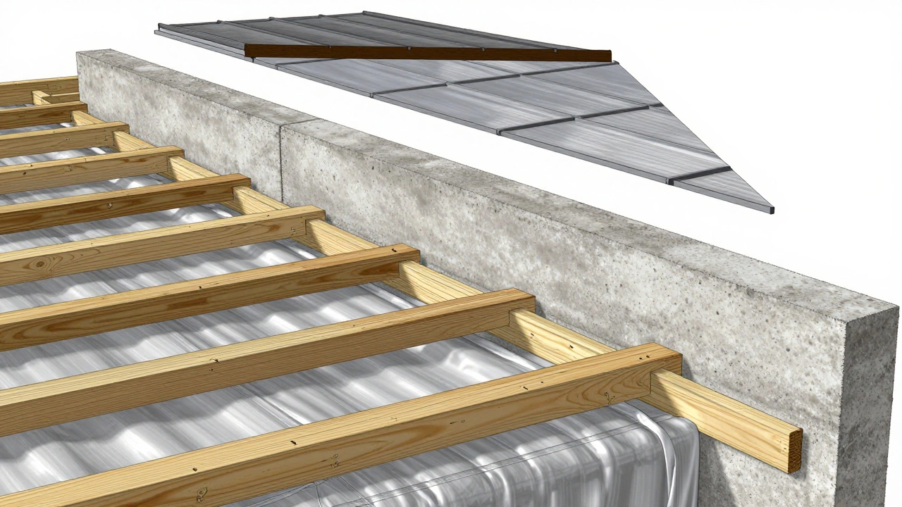 Разрез дома: деревянные перекрытия с гидроизоляцией, армопояс и вентилируемая кровля без текста.