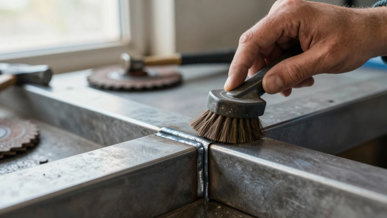 Рука с металлической щеткой очищает переход от шва к основному металлу.
