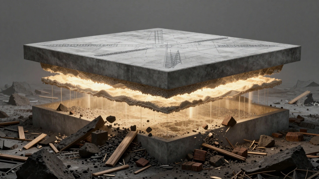 Символическое изображение прочного фундамента, поддерживаемого инженерными слоями.