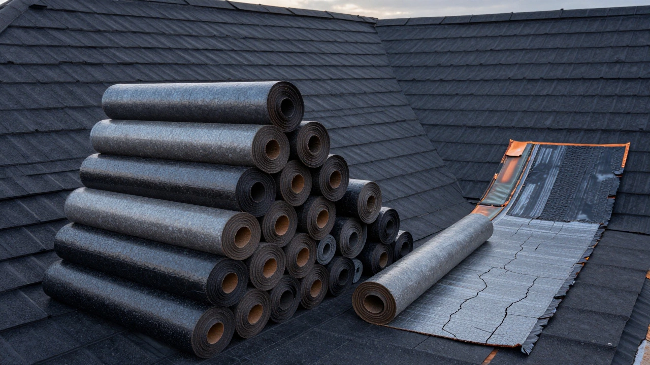 Стопка рулонов рубероида рядом с кровлей, один рулон поврежден солнцем, другой уложен поверх старого слоя.