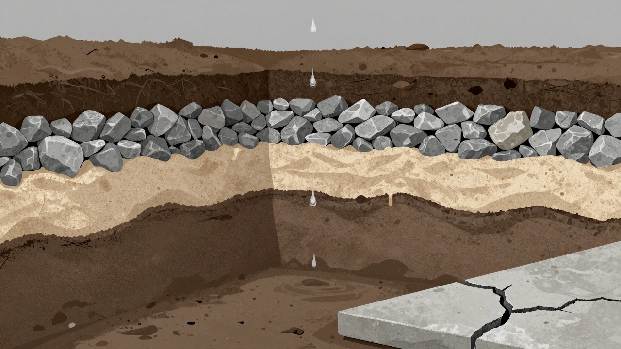 Техническая иллюстрация слоев под бетоном с дренажом и уплотнёнными материалами.