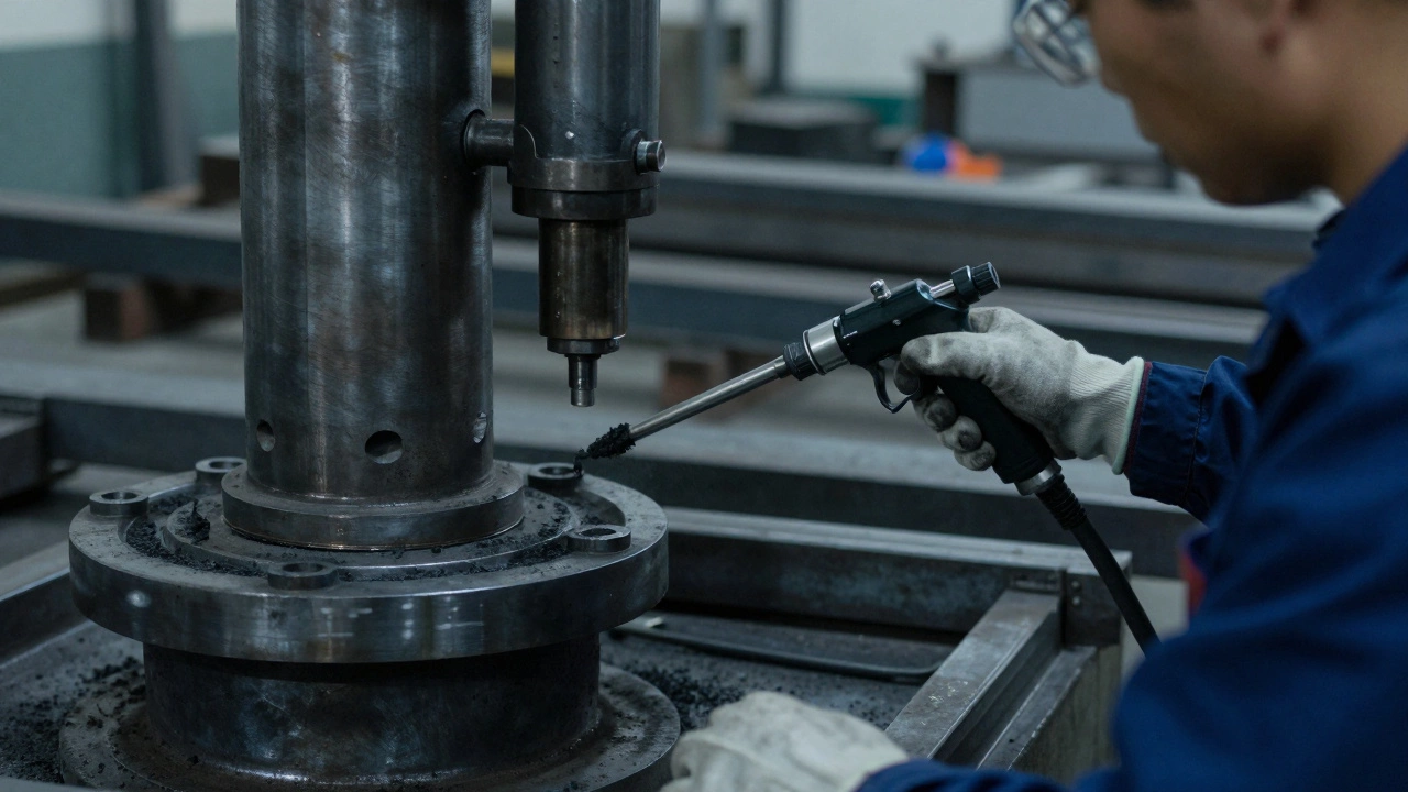 Техник проводит магнитопорошковый контроль сварного соединения с выявленной трещиной.