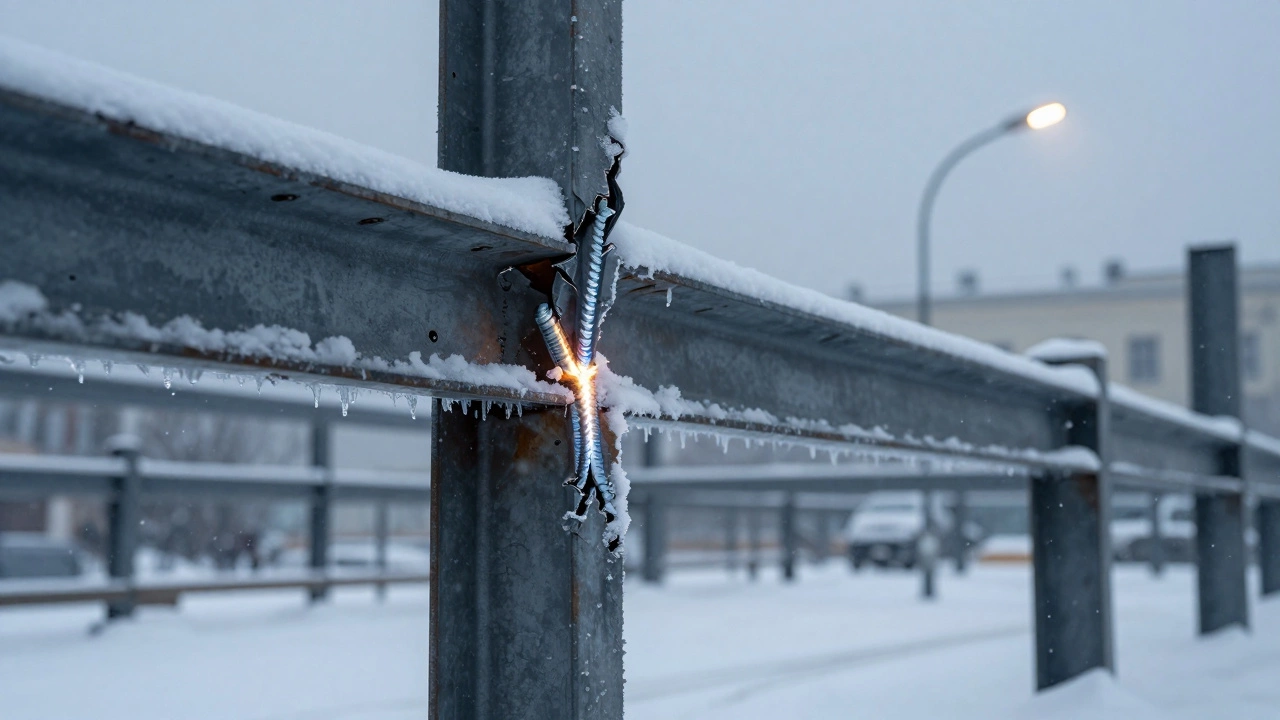 Трещина в металлической конструкции из-за малого катета сварного шва на фоне снега.