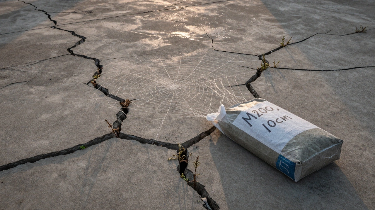 Трещины на бетоне с мешком цемента и надписью &#039;M200, 10cm&#039; на рассвете.