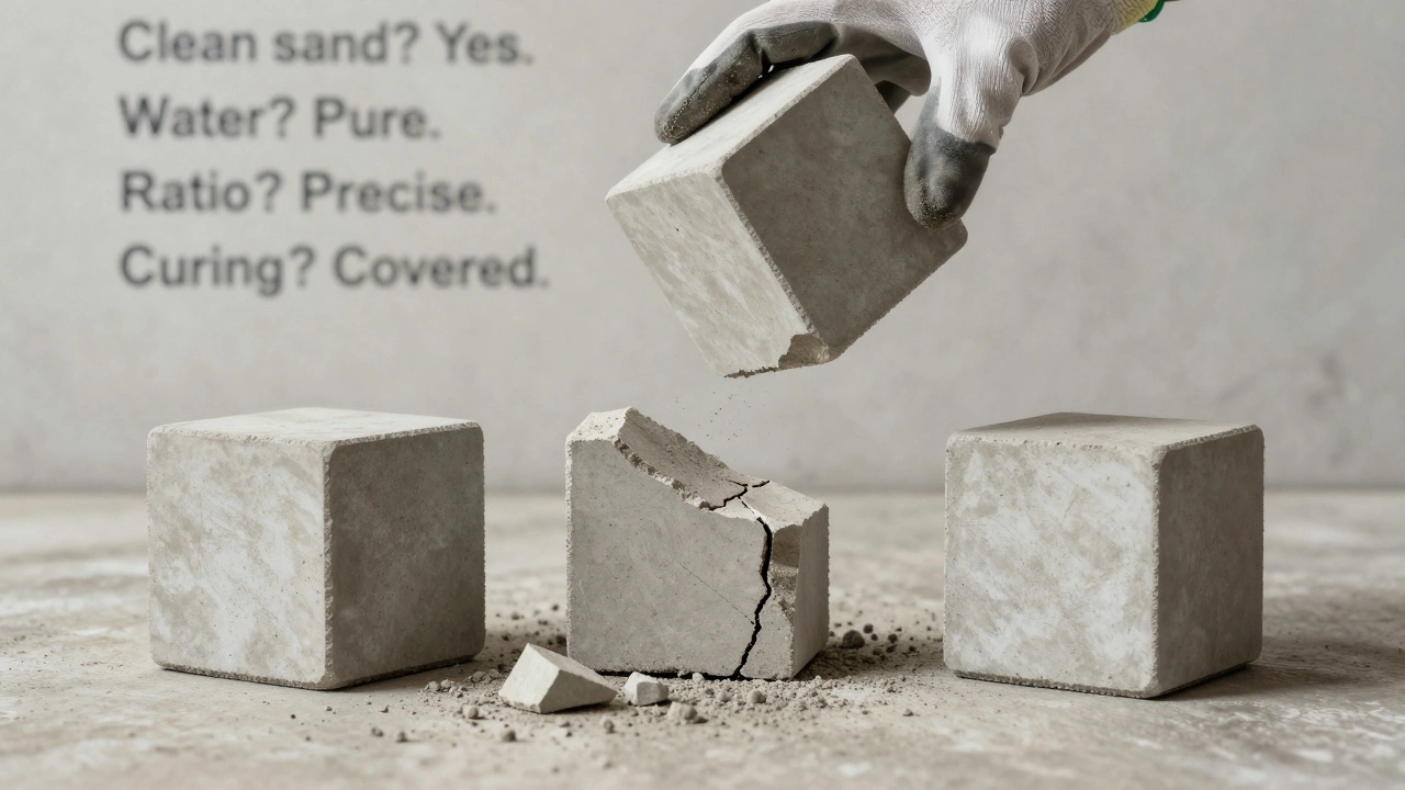 Три бетонных куба: один рассыпается, второй треснул, третий почти цел — тест на прочность раствора.