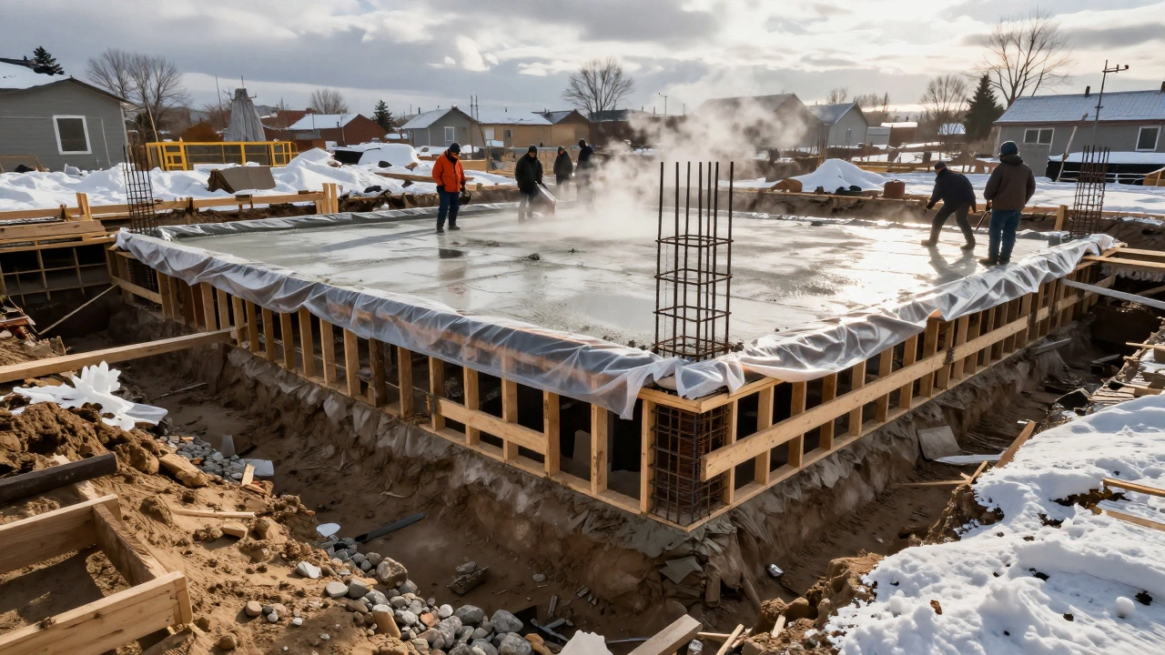 Укладка арматуры и заливка бетона фундамента под зимние условия с укрытием пленкой.