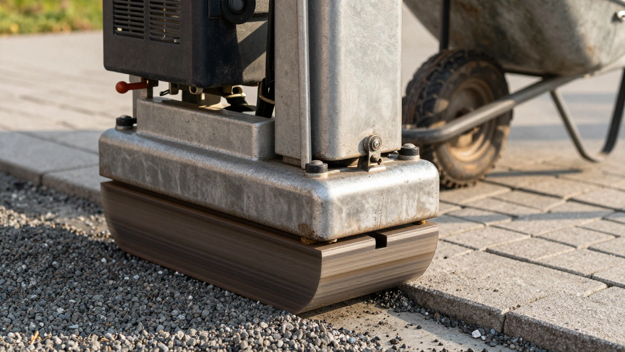 Виброплита уплотняет щебень на тротуаре.