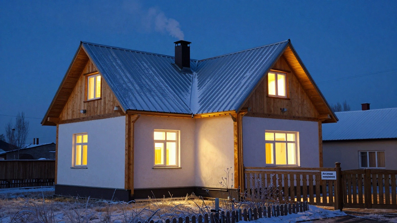 Завершенный дом в Казани с снежной крышей, теплыми окнами и вентилируемым фасадом при закате.