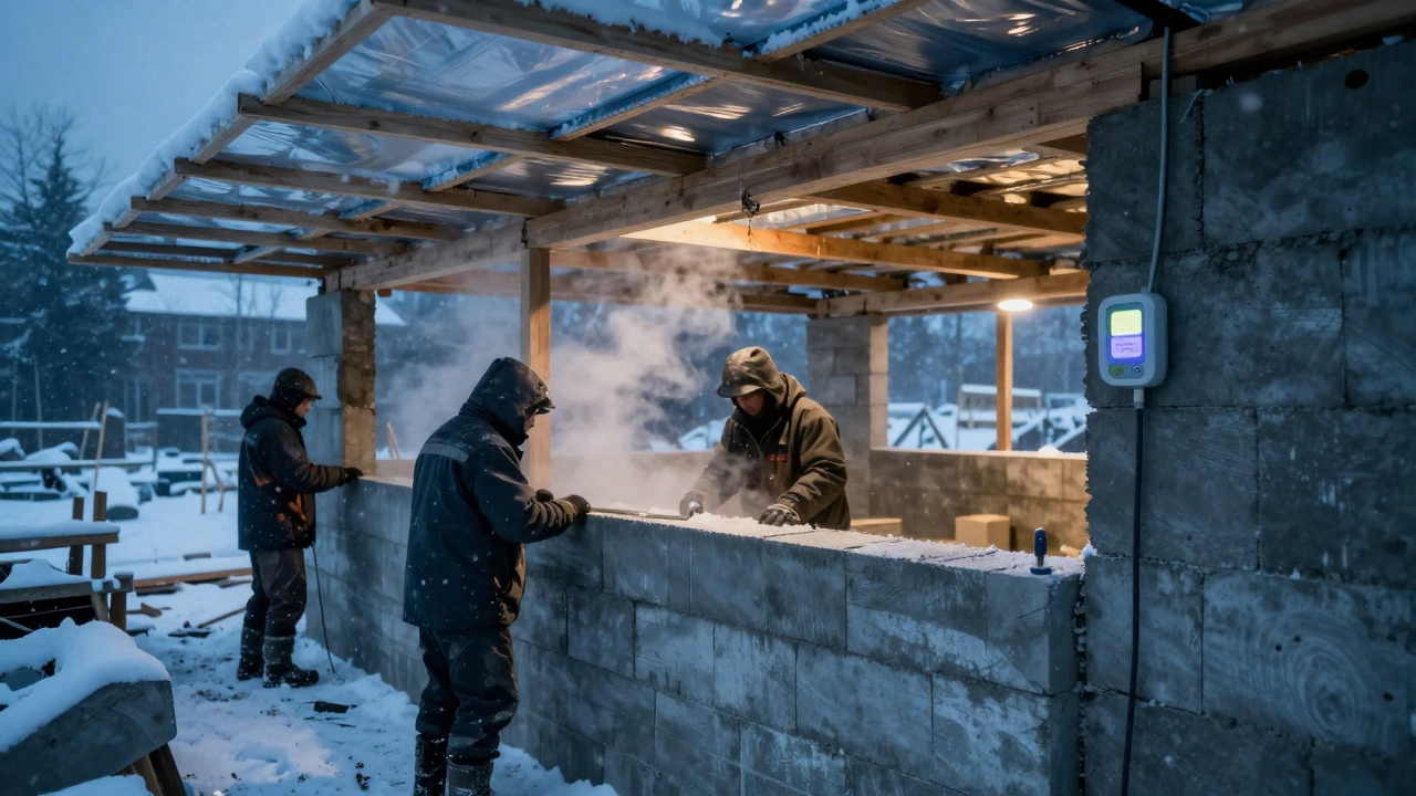 Зимнее строительство под тепловым навесом с видимыми слоями кровли и вентиляционным зазором.