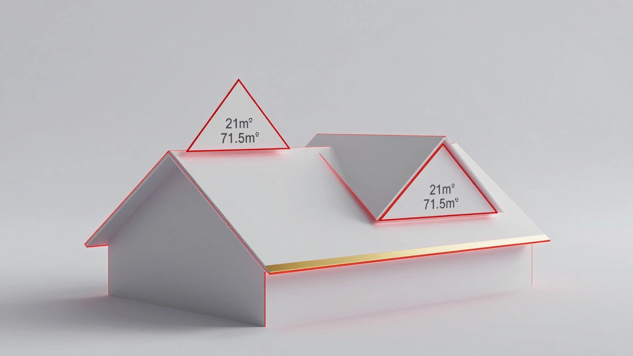3D-визуализация вальмовой крыши, разбитой на геометрические фигуры с расчётными площадями.
