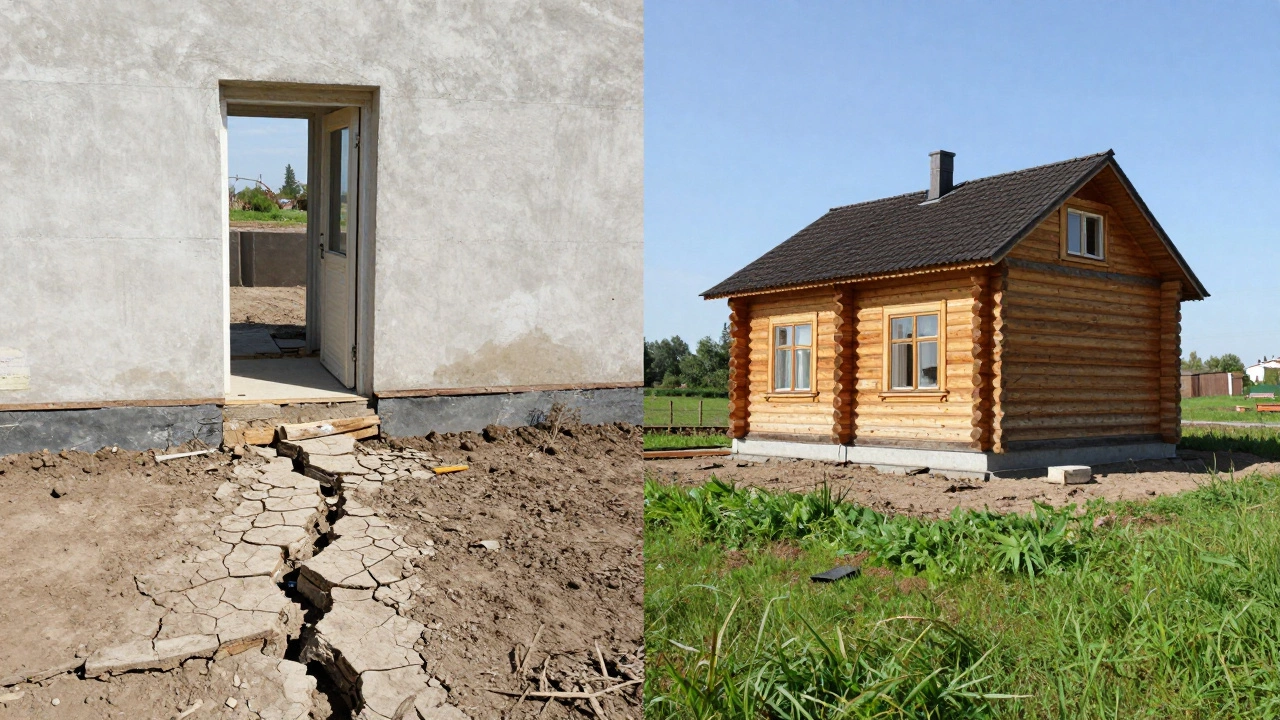 Два сценария: слева — треснувший фундамент и перекошенная стена, справа — прочный фундамент под домом.